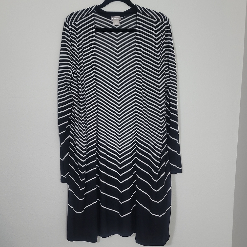 Chicos Open Longline Cardigan Size L 2 Black White Stripes Layers Minimalist